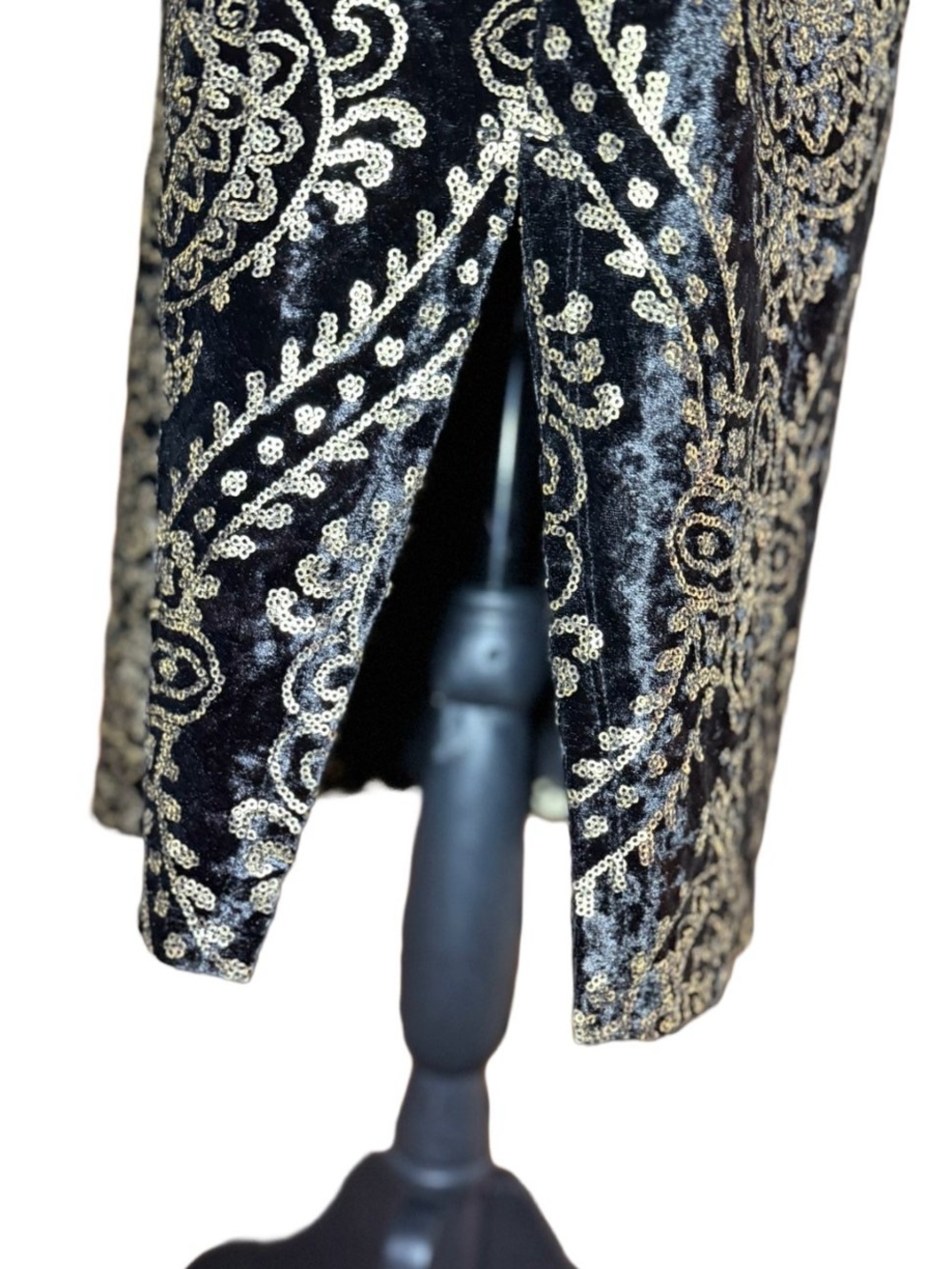 VENUS Gold Sequin Black Velvet Midi Dress Sheer Ruffle Sleeve Side Slit - L - Picture 6 of 15